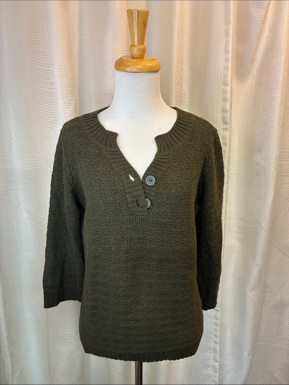 Christopher & Banks Olive Green V-Neck Button Pullover Sweater